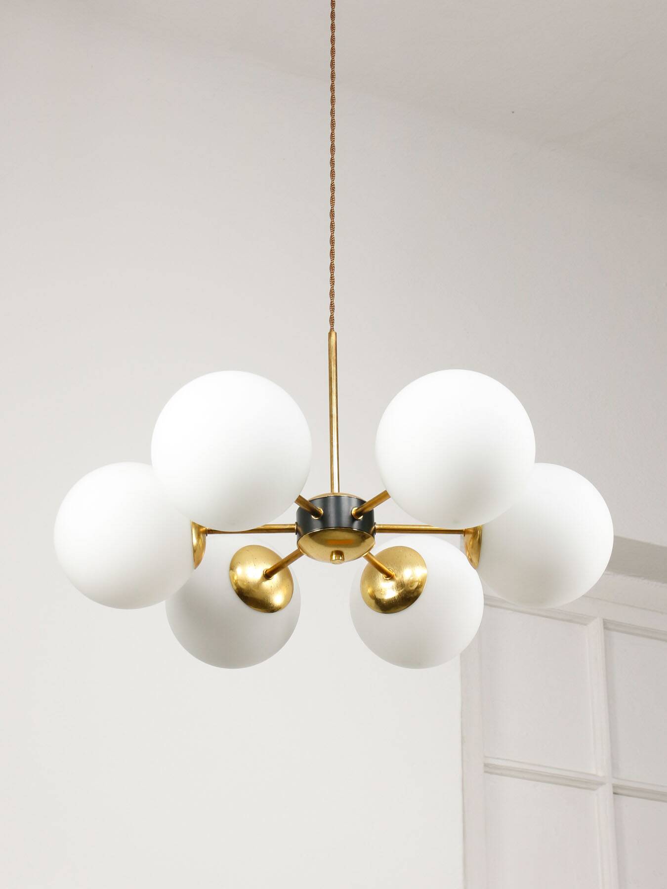 Mid-Century Modern Italian 6-Arm Sputnik Chandelier with Opaline Shades, 19
