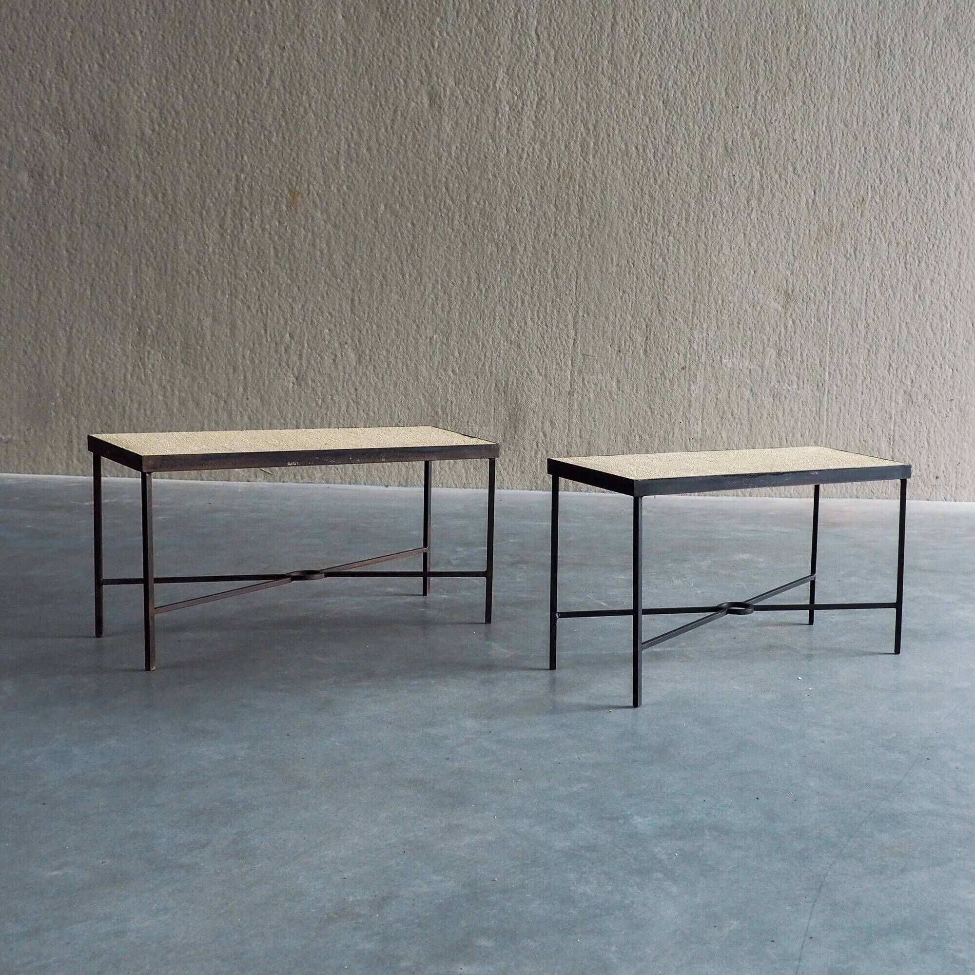 Set of 2 minimalist metal side tables with plaster-fiber tops