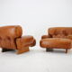 1970s design italian armchairs in wood and cognac leather