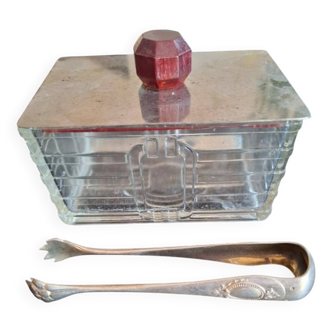 Sucrier ou boîte à sucrerie Art Deco et sa pince en métal argentée