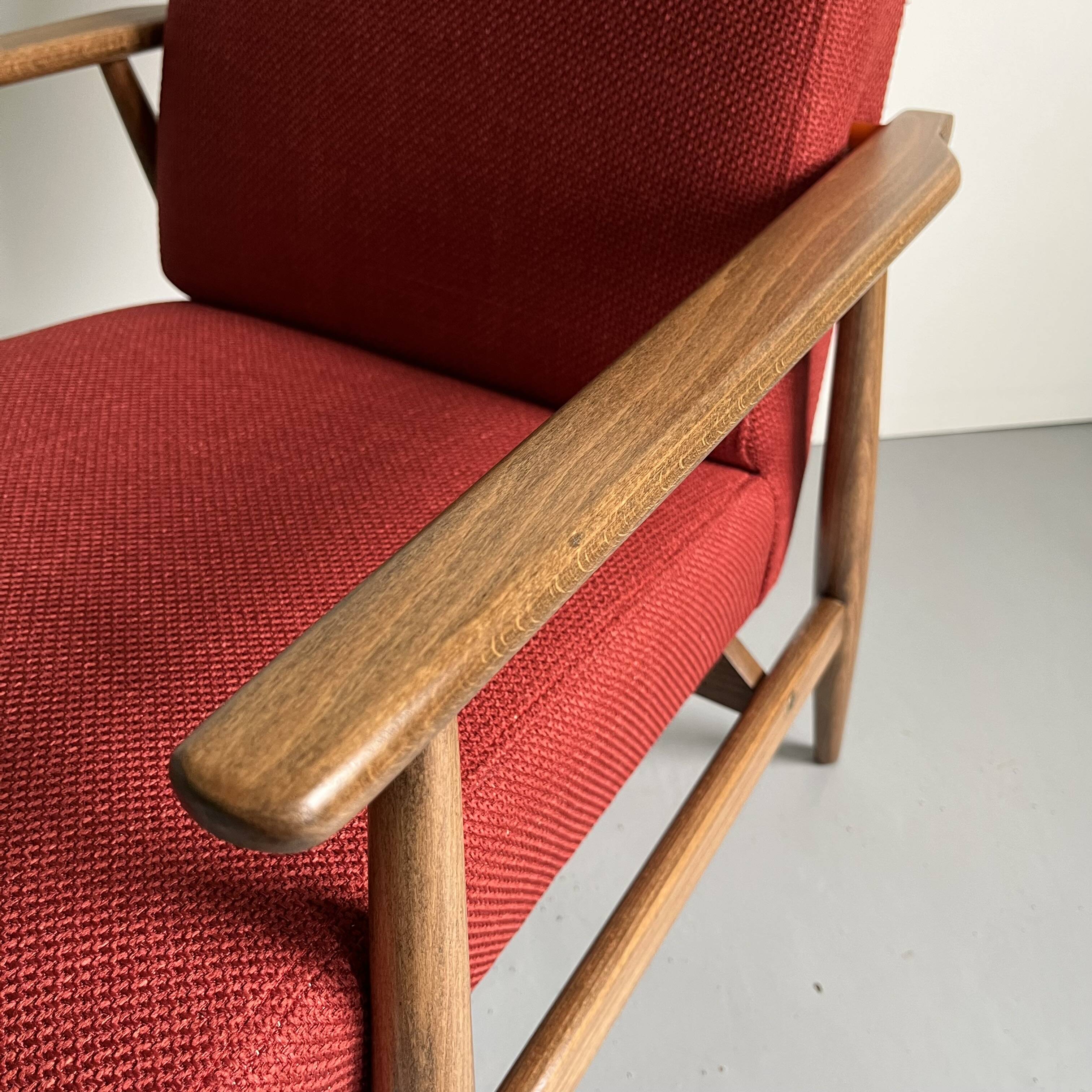 Restored Polish Mid-Century Modern Armchair, Red Vintage Lounge Chair