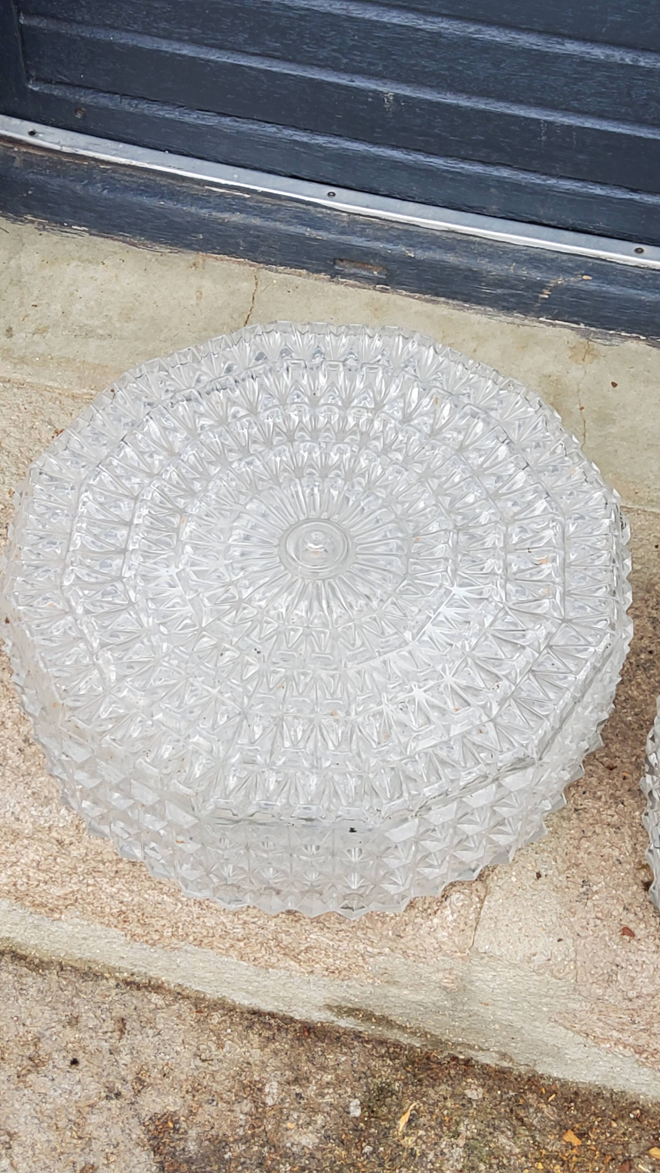 Pair of vintage Erco diamond-tipped glass ceiling lights from the 60s Diameter 35cm