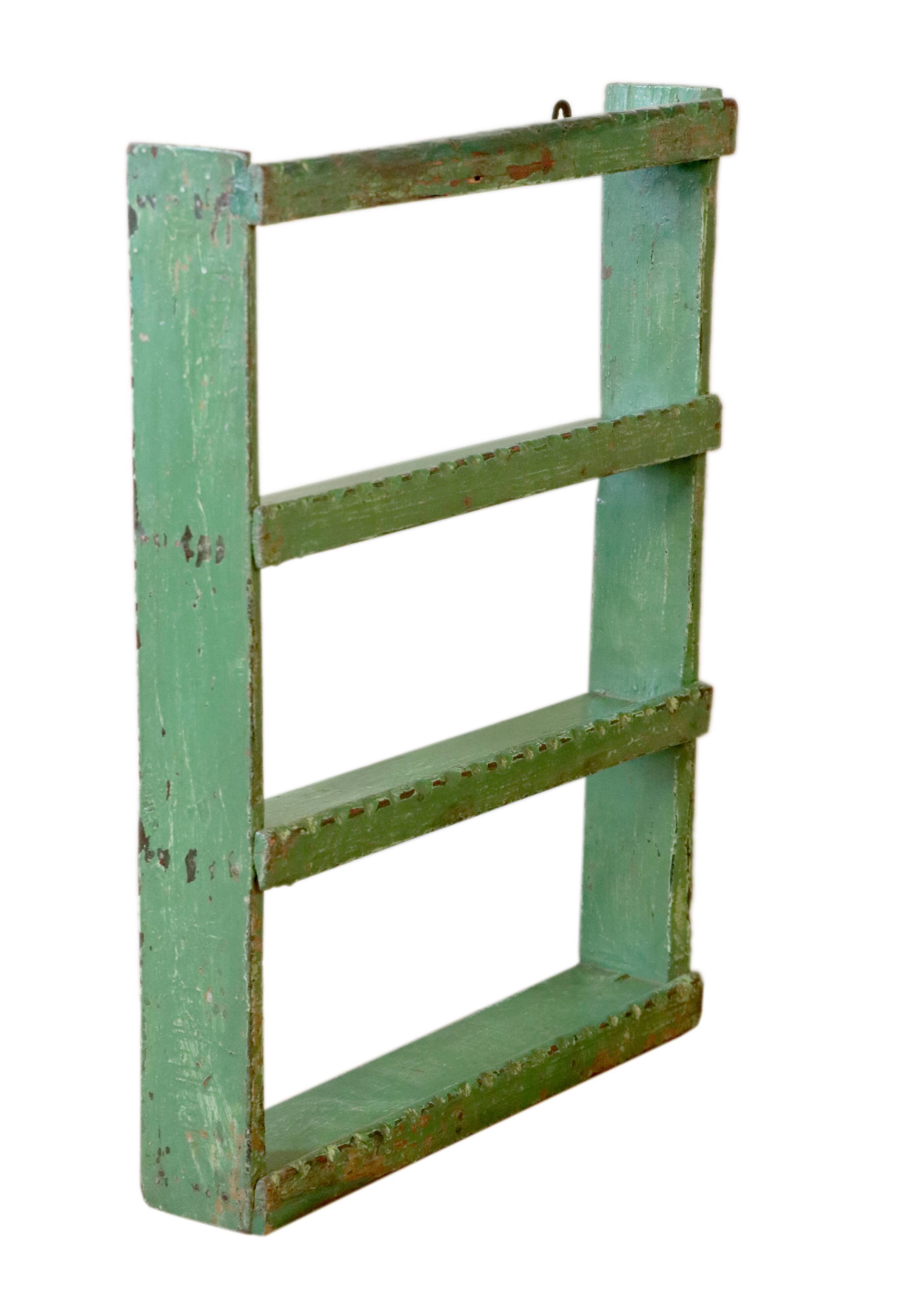 Old original Burmese teak wall shelf with green patina