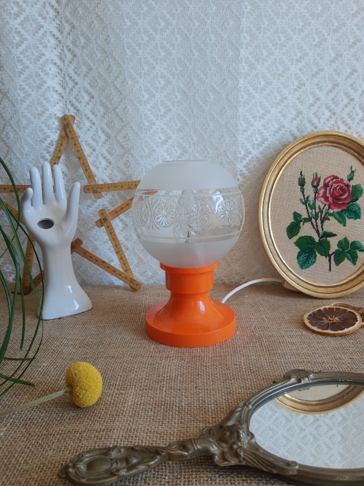 Retro orange table lamp and 70s glass globe