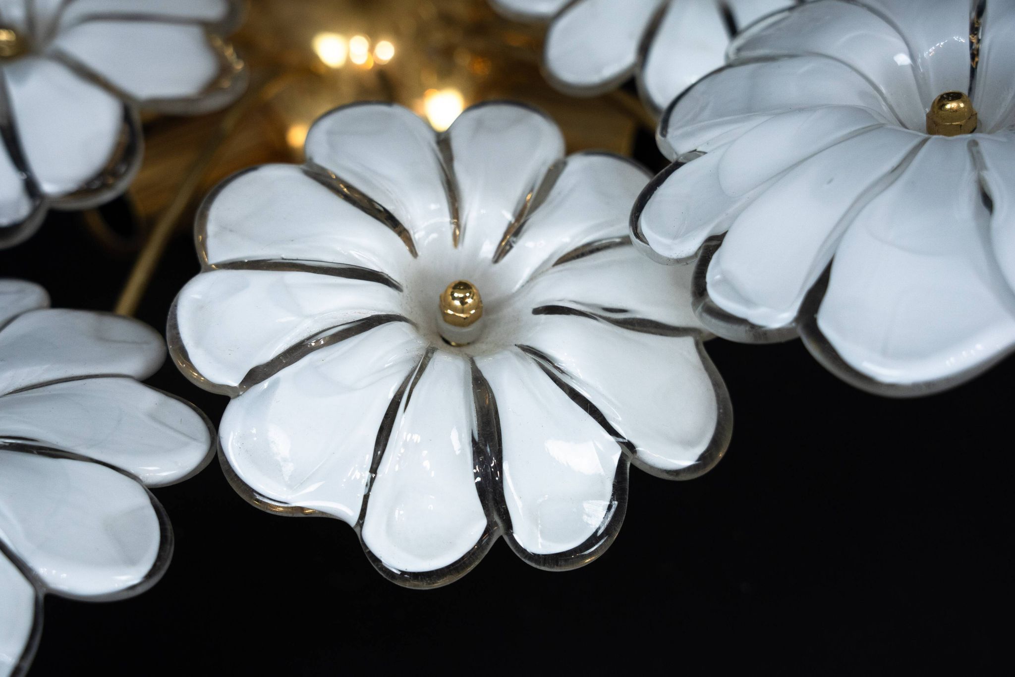 Pair of Murano white flower ceiling lamps. Italy 1980s