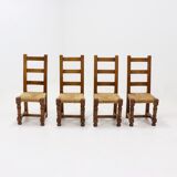 Set of 4 French Oak and Rush Ladder Back Dining Chairs 1950s