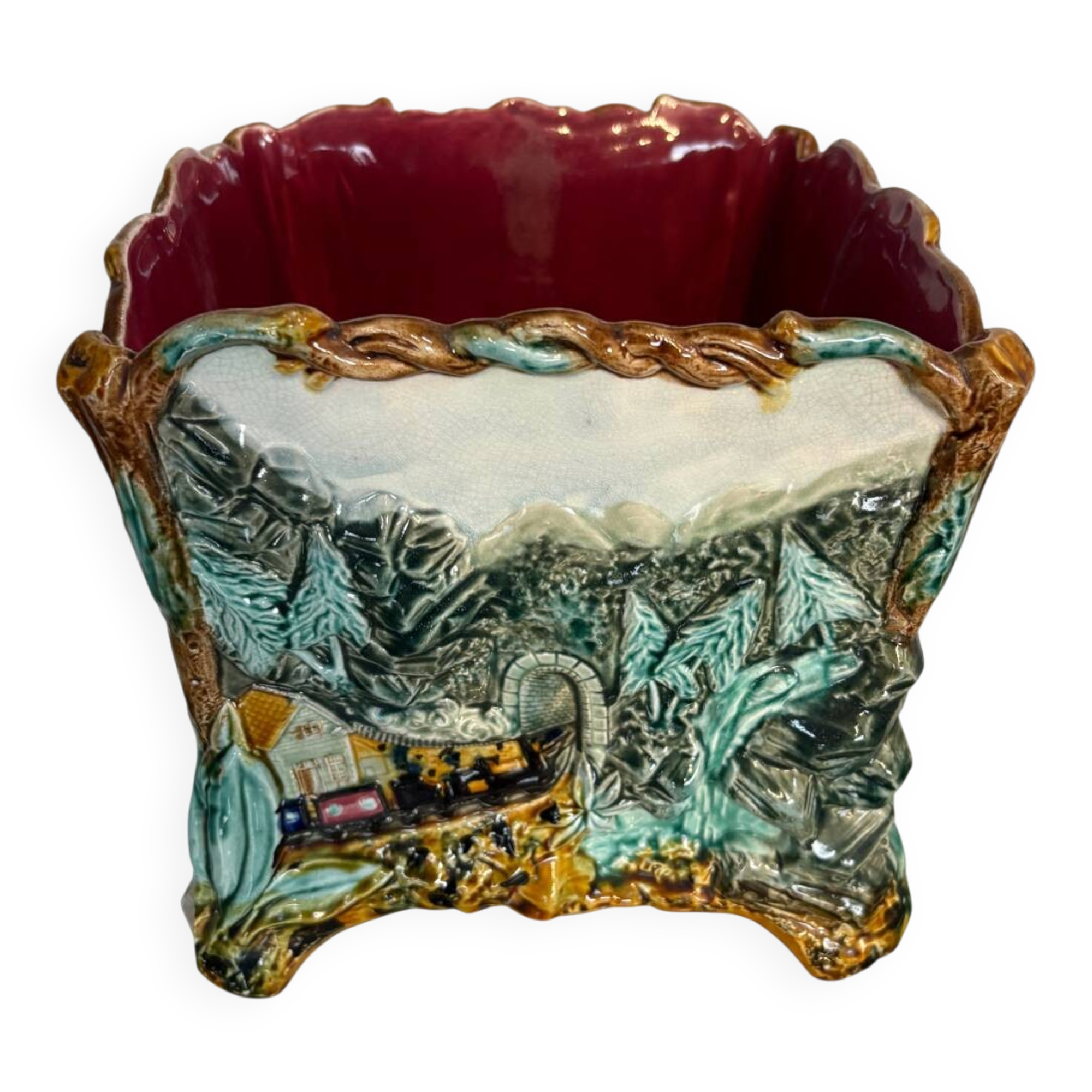 Antique cache-pot in earthenware barbotine – landscape & train decoration – early