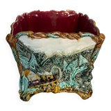 Antique cache-pot in earthenware barbotine – landscape & train decoration – early