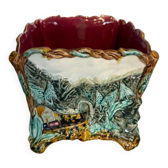 Antique cache-pot in earthenware barbotine – landscape & train decoration – early