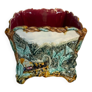Antique cache-pot in earthenware barbotine – landscape & train decoration – early