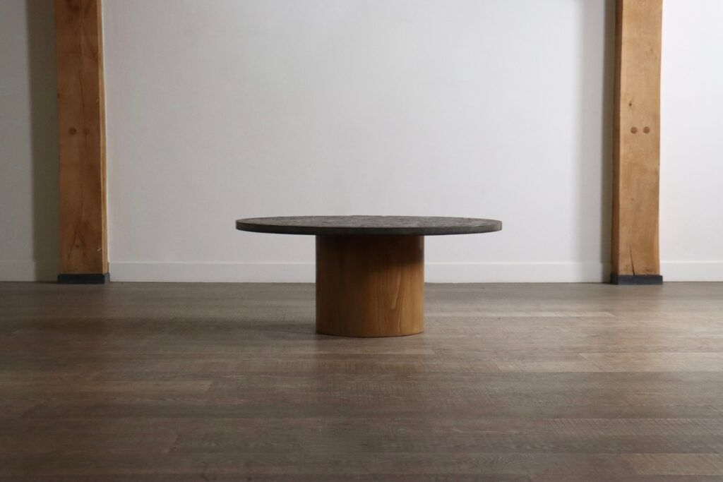 Peter Draenert studios coffee table in fossil stone and oak, Germany 1970s