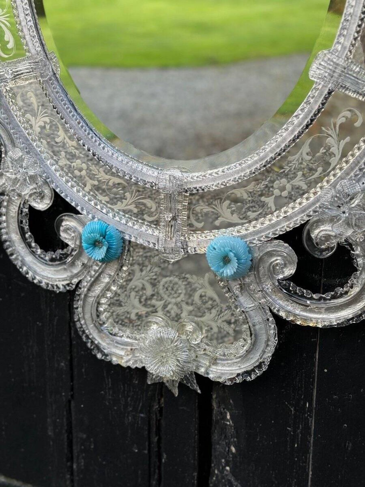 Miroir Vénitien En Verre De Murano Incolore Et Bleu
