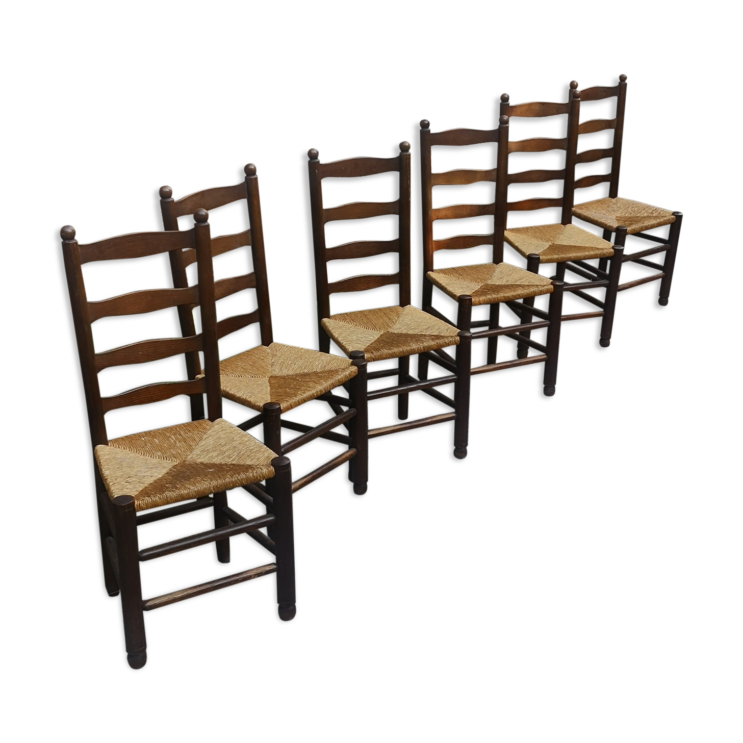 Lot 6 chaises bois et assise paillée dans le style georges Robert
