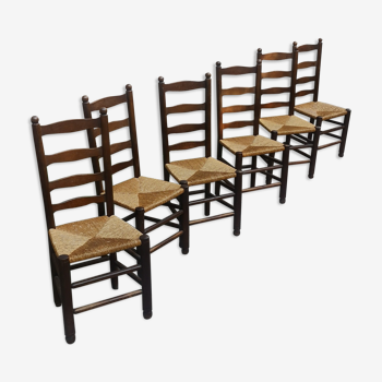 Lot 6 chaises bois et assise paillée dans le style georges Robert