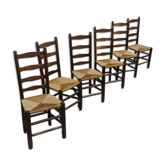 Lot 6 chaises bois et assise paillée dans le style georges Robert