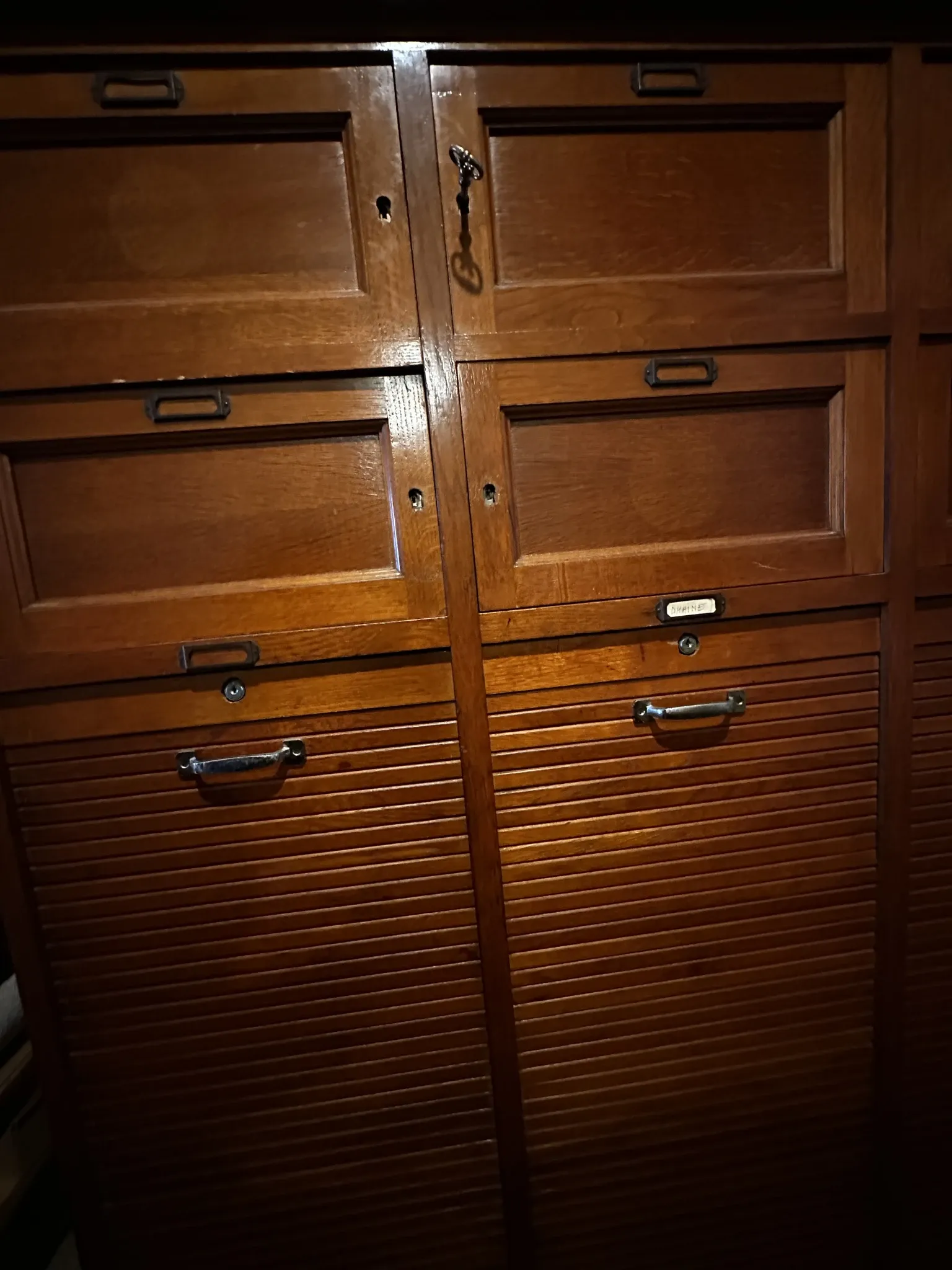 Vintage oak workshop cabinet, 4 columns with curtains – craft furniture
