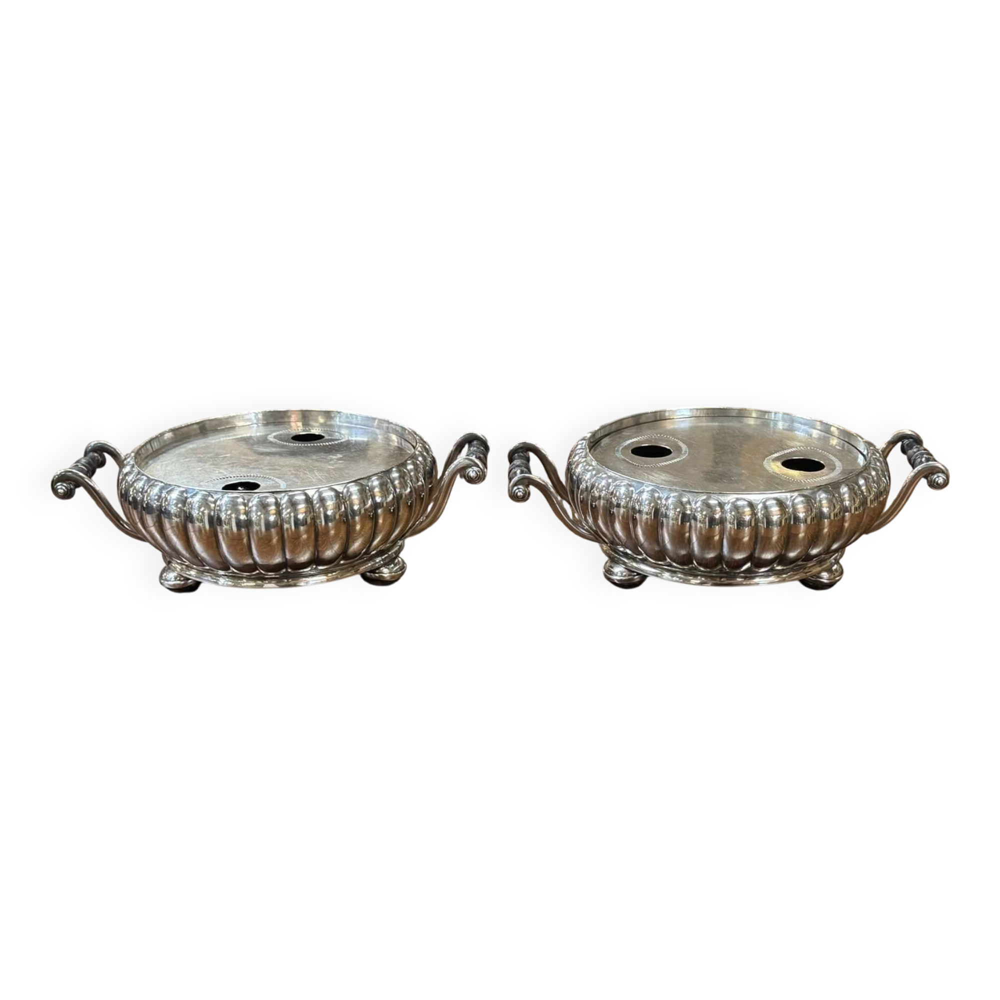 Pair of silver-plated hot plates from the 1950s.