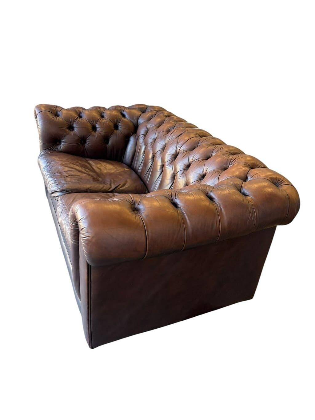 Vintage chocolate brown leather Chesterfield armchair/sofa