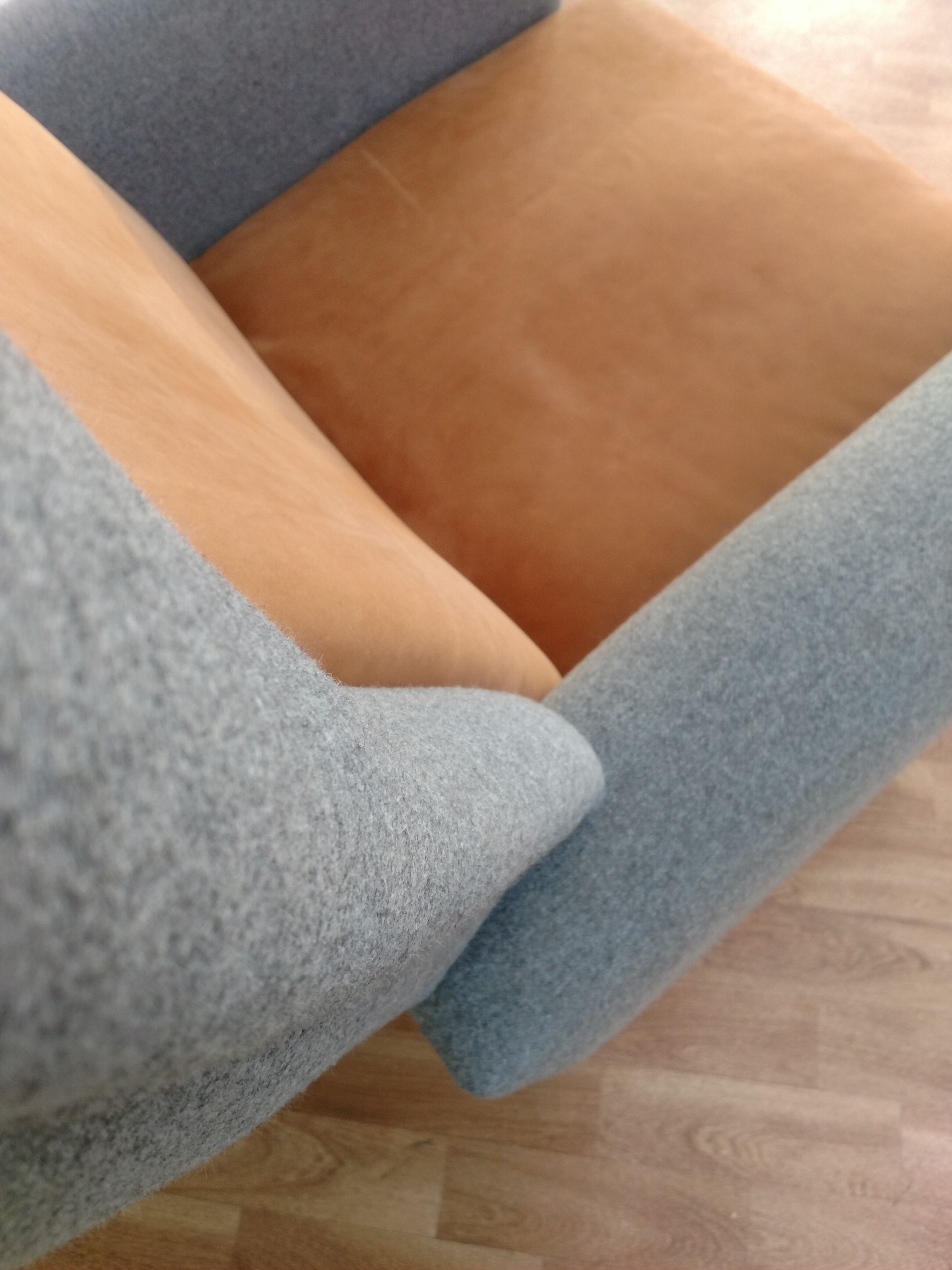 Danish designed armchair 70's, wool, nubuck leather, completely renovated