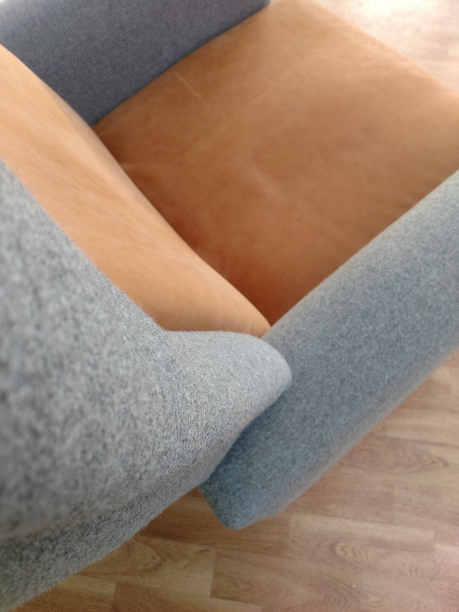 Danish designed armchair 70's, wool, nubuck leather, completely renovated