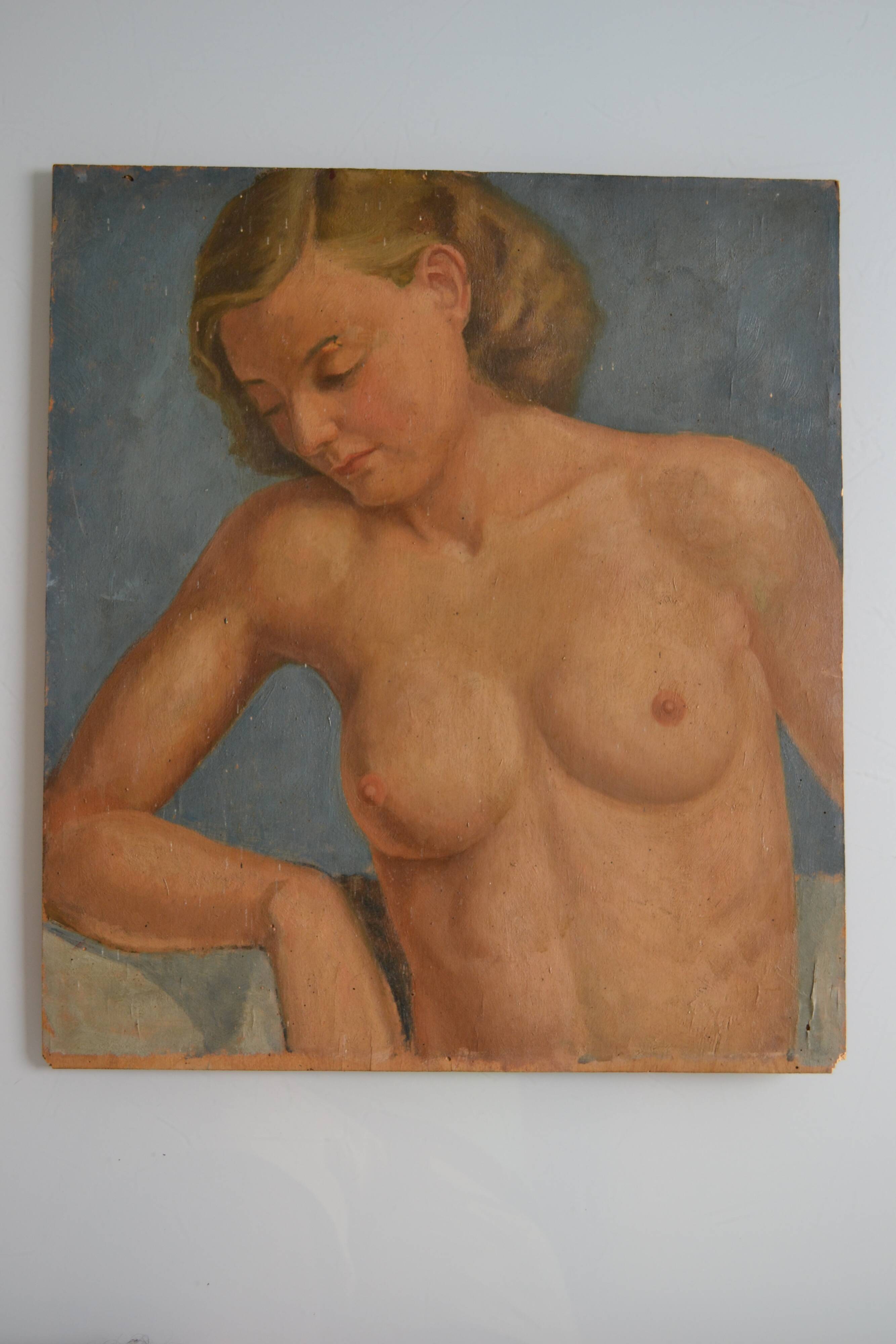 Old painting portrait nude woman oil on panel