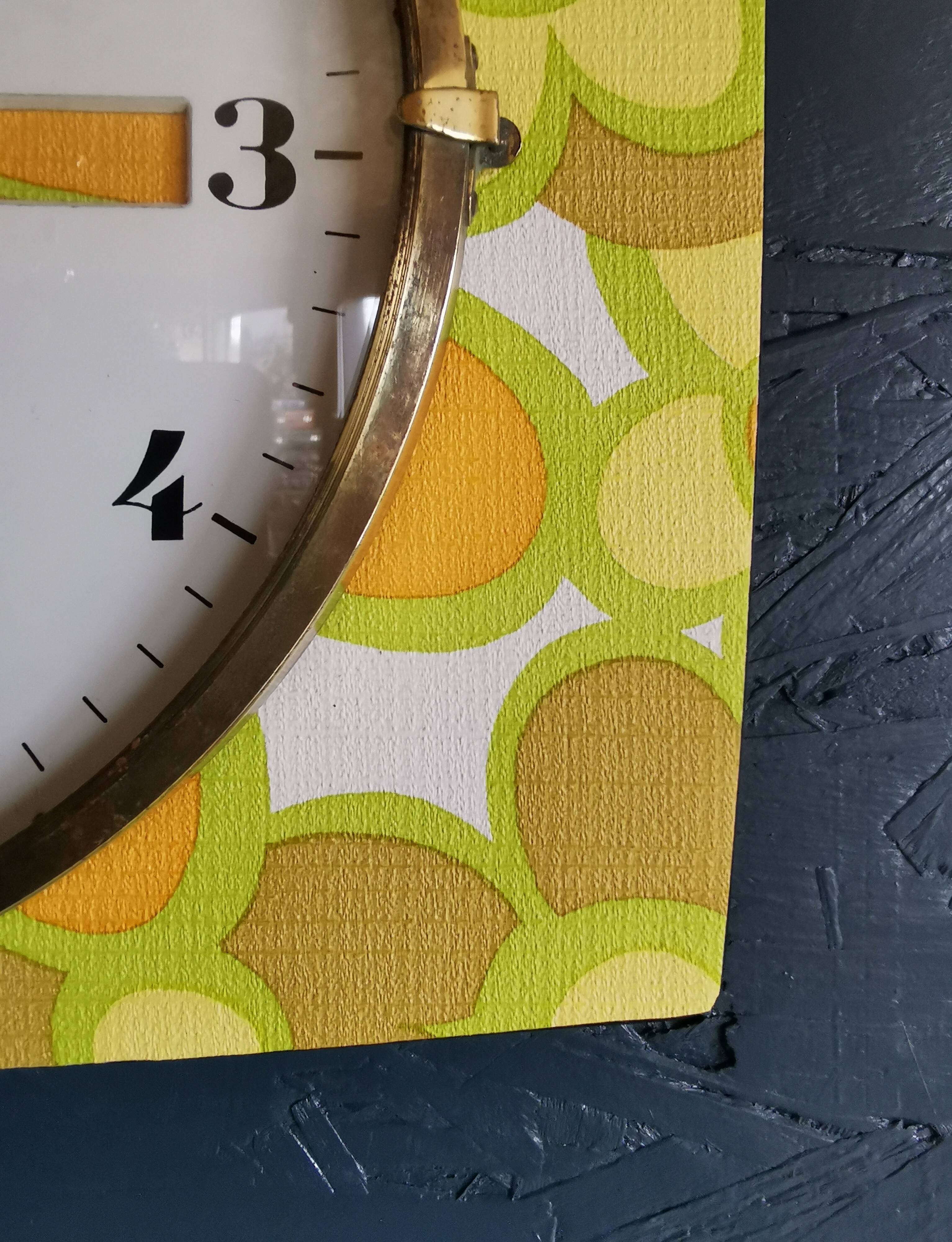 Vintage formica clock rectangular silent wall pendulum "Odo flowers"