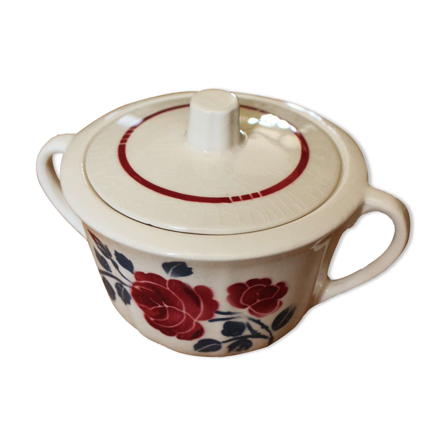 Sucrier demi porcelaine Badonviller roses rouge bleu art deco