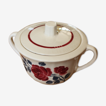 Sucrier demi porcelaine Badonviller roses rouge bleu art deco