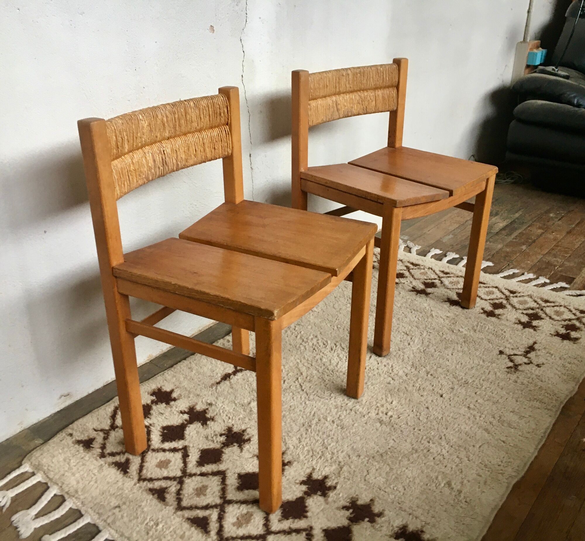 Pair of straw and elm chairs