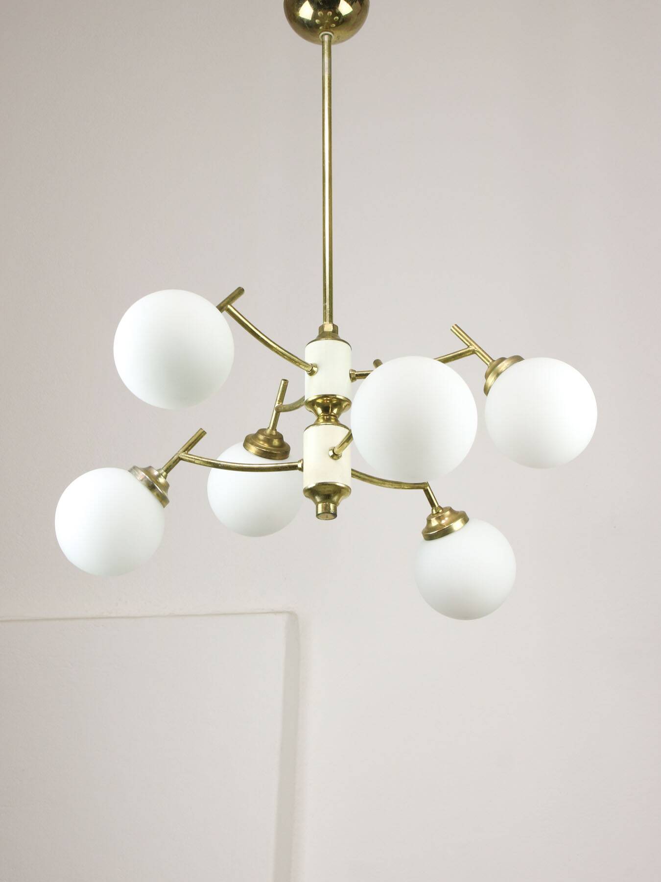 Mid-century Italian Brass and Opaline Chandelier, 50s