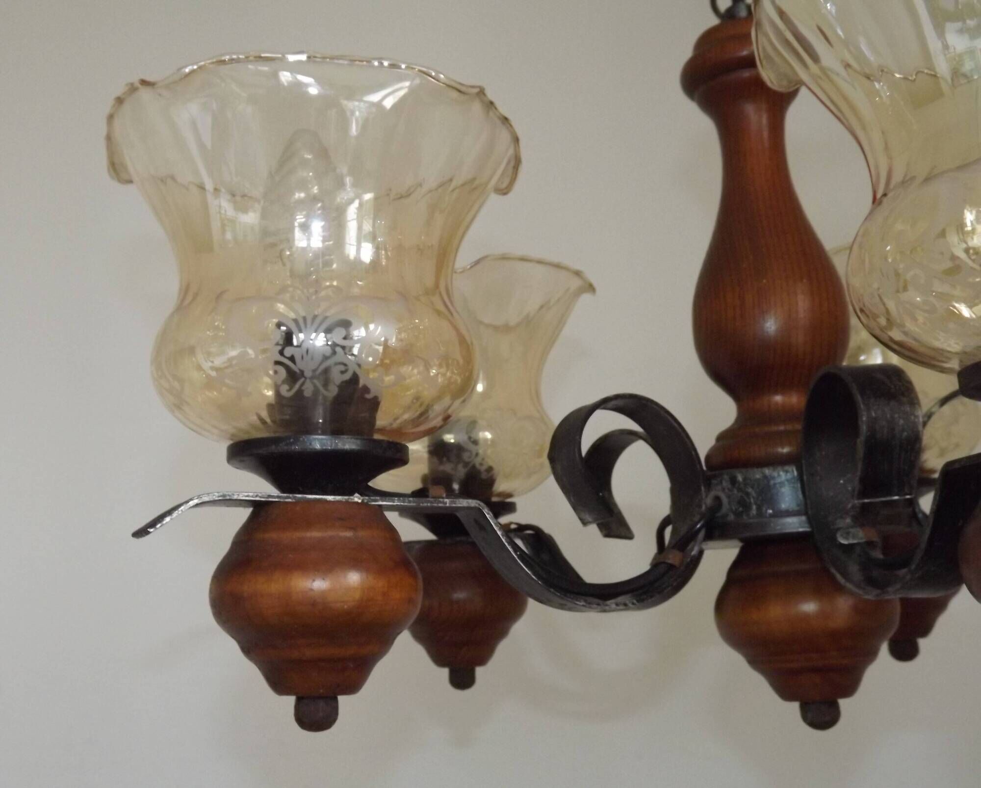 French 5 Light Mid Century Chandelier Wood Metal & Patterned Glass Shades