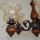 French 5 Light Mid Century Chandelier Wood Metal & Patterned Glass Shades