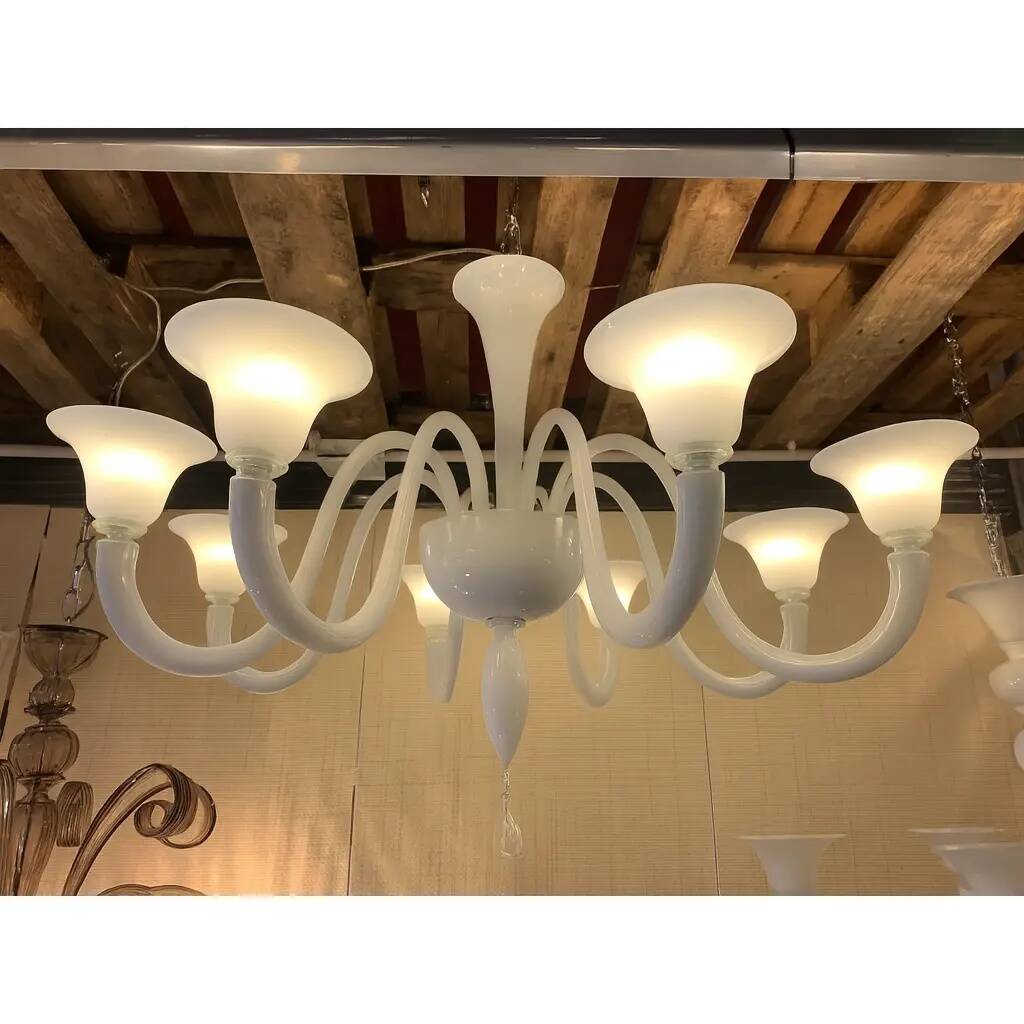 Italian contemporary white Murano glass chandelier in Art Deco style.