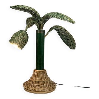Rattan bamboo palm tree table lamp 1970s in the style of Mario Lopez Torres