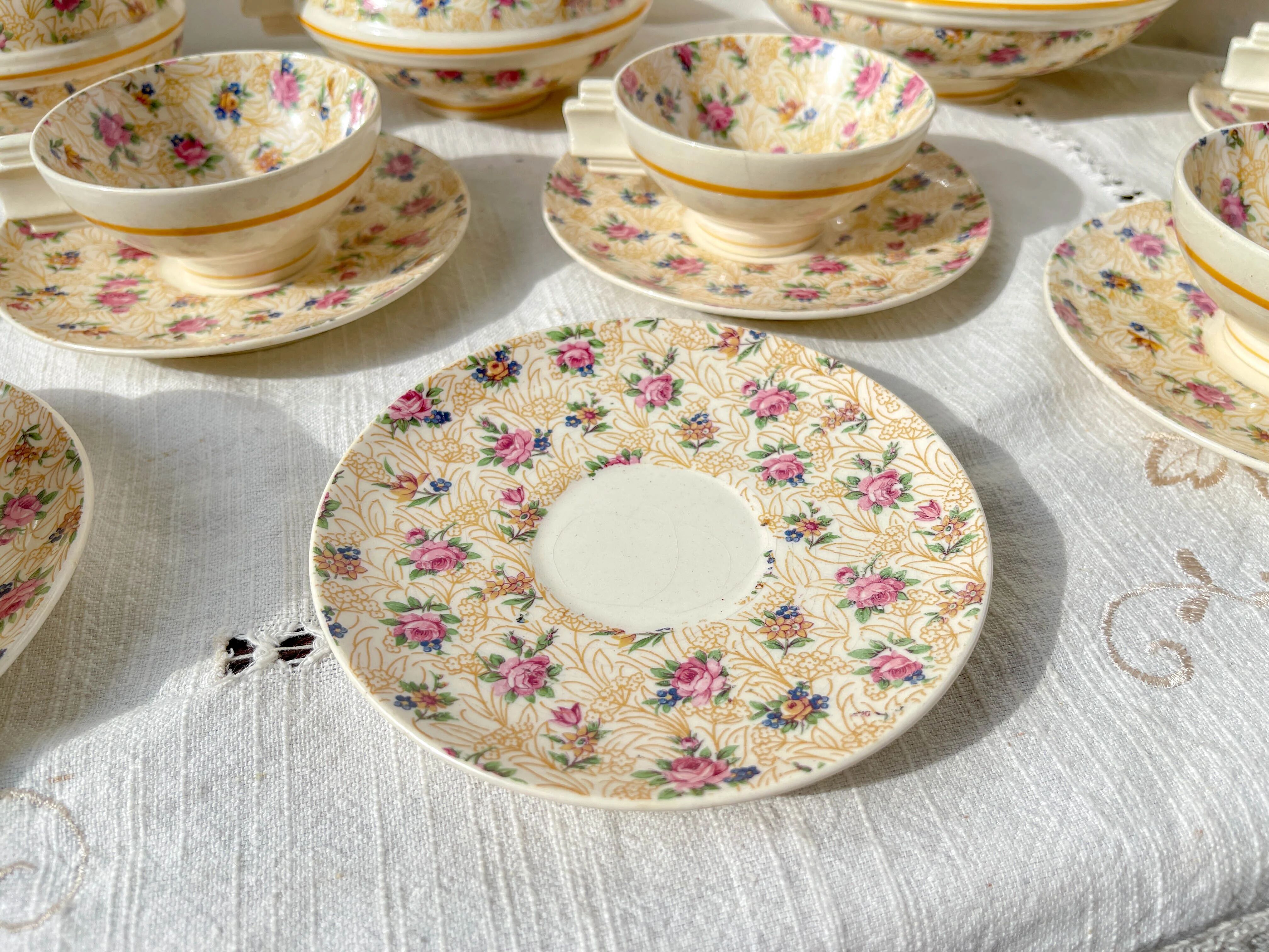 Robj Paris Coffee Tea Set with Floral Yellow Porcelain Core - Vintage Art Deco Style