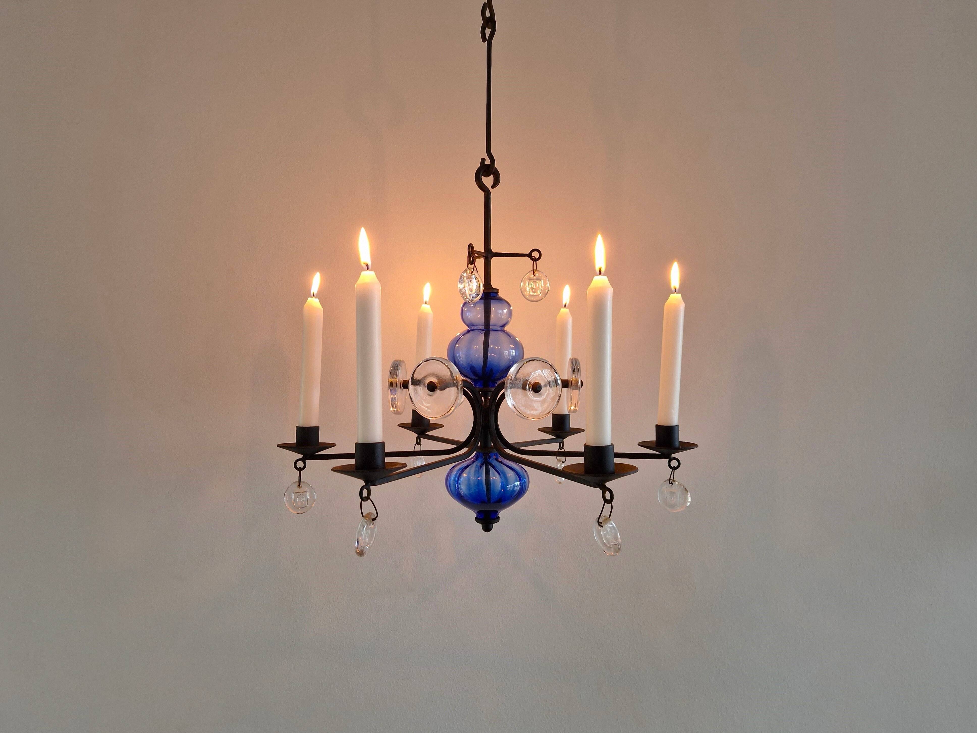 Art glass and wrought iron candelabra chandelier by Erik Höglund for Boda, Sweden 1960's