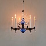 Art glass and wrought iron candelabra chandelier by Erik Höglund for Boda, Sweden 1960's