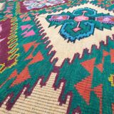 Tapis roumain vintage 330X176 cm tissé à la main dans la laine jaune et vert design géométrique