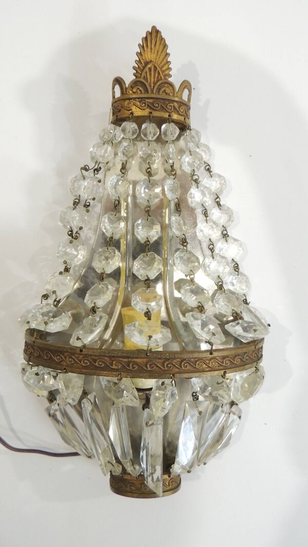 Lustre ancien en cristal avec 2 appliques murales – Suspension vintage lait