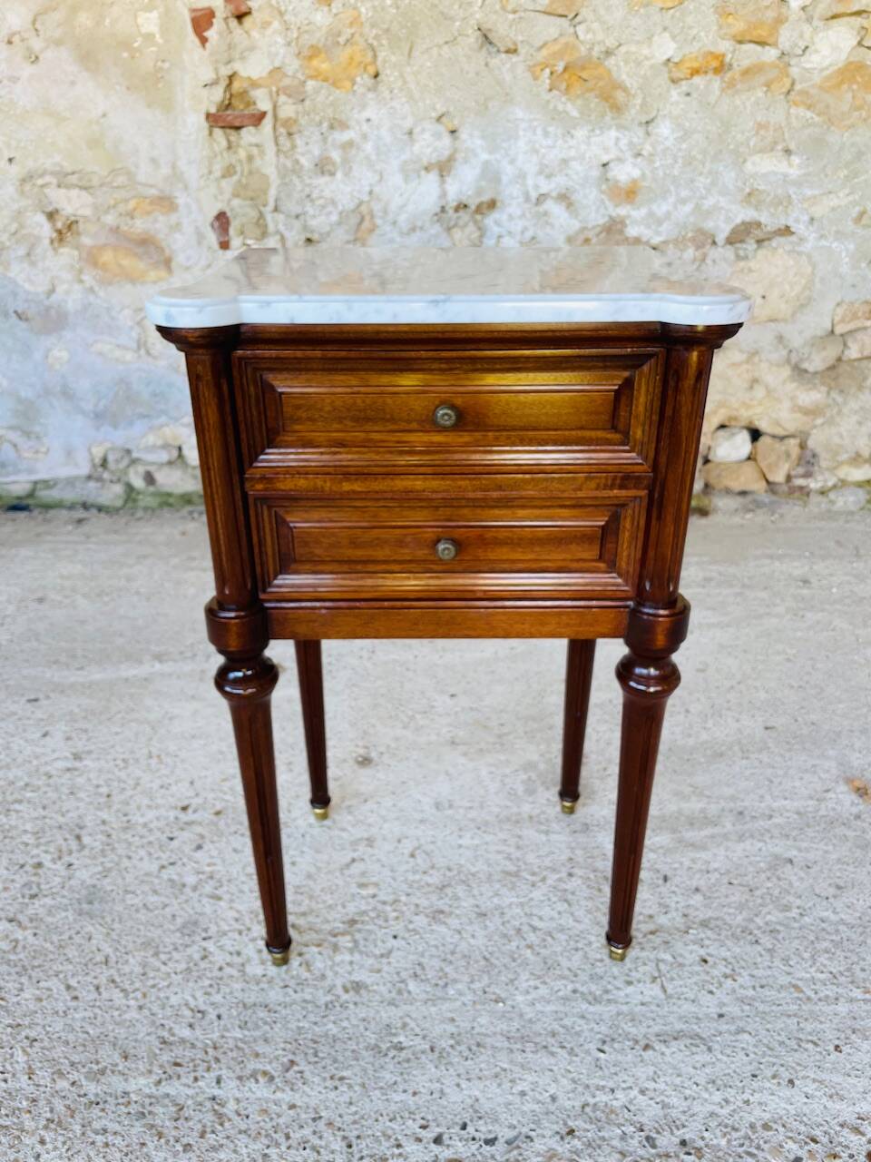 Louis XVI style bedside table, Carrara marble and mahogany