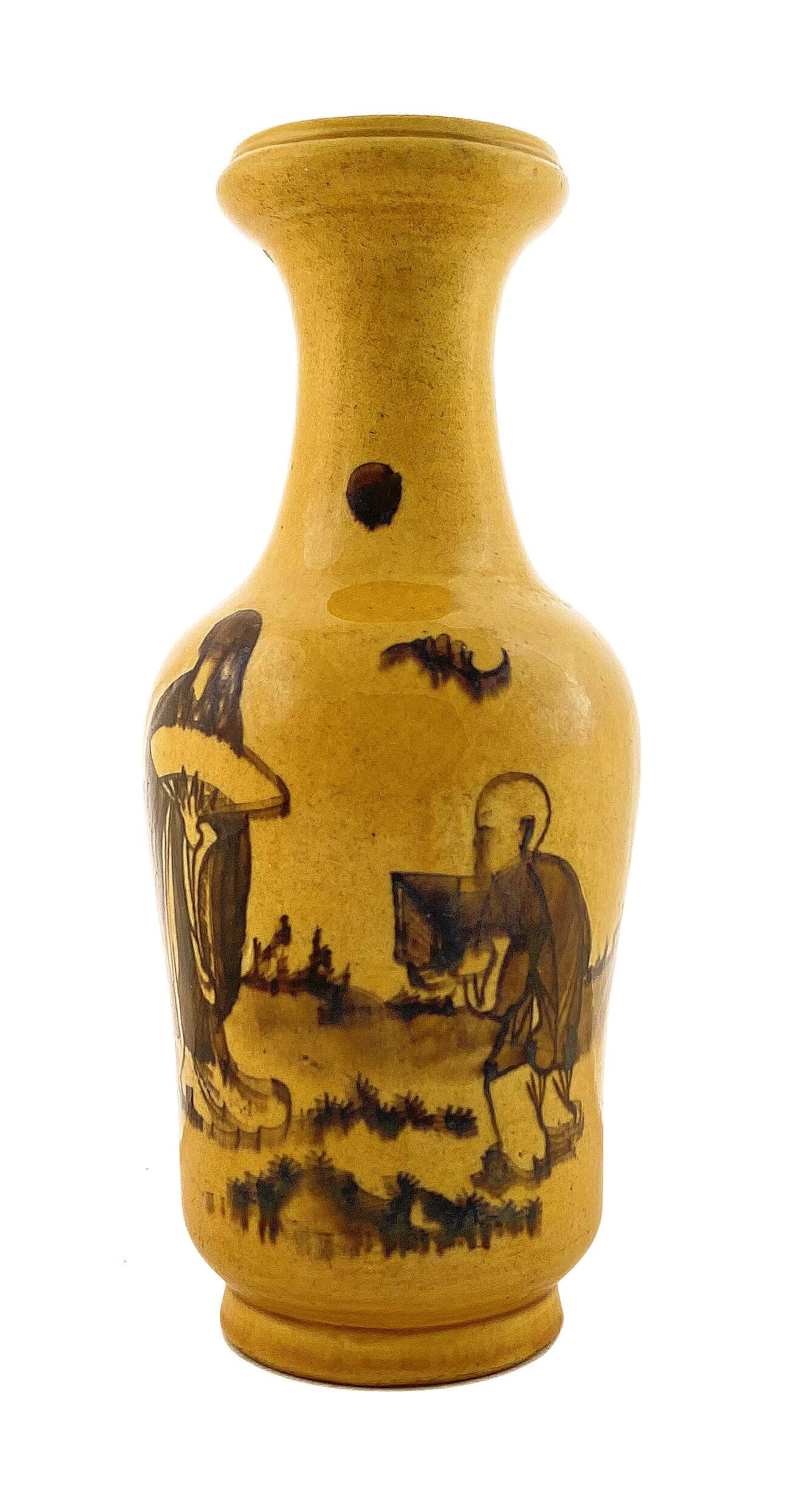 CHINESE HANDMADE YELLOW GLAZED TERRACOTTA VASE, HAND PAINTED