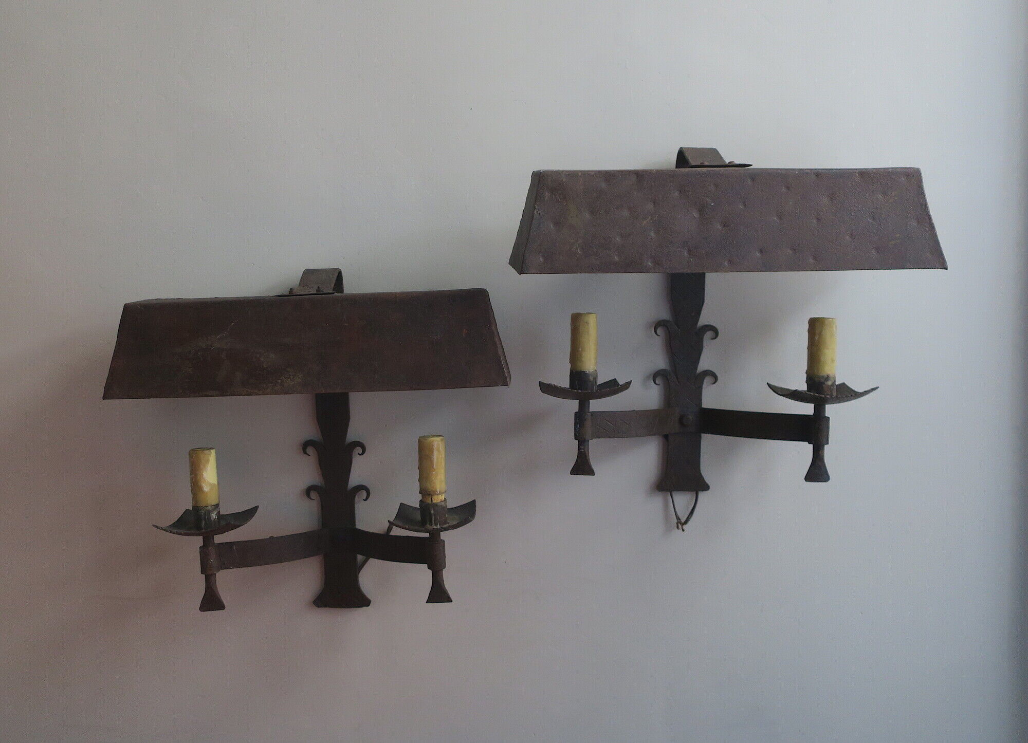 Pair of mid century patinated iron outdoor wall lights, 1960