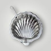 Vintage shell butter dish in stainless steel and cobalt blue glass with knife