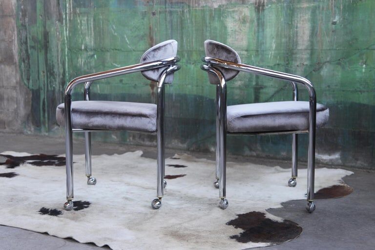 Postmodern chrome armchair grey velvet, casters