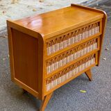 Commode scandinave en chêne et rotin des années 60