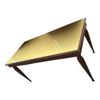 Dining table in the style of Paolo Buffa, made of brown wood with a tinted glass top.