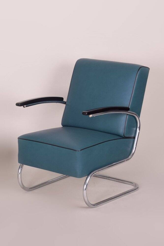 Art Deco Tubular Armchair in Chrome-Plated Steel & Blue Leather attributed to Mücke-Melder, 1930s