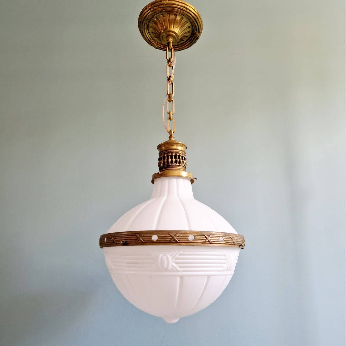 Large Art Deco pendant light in milk glass and brass, 1920s