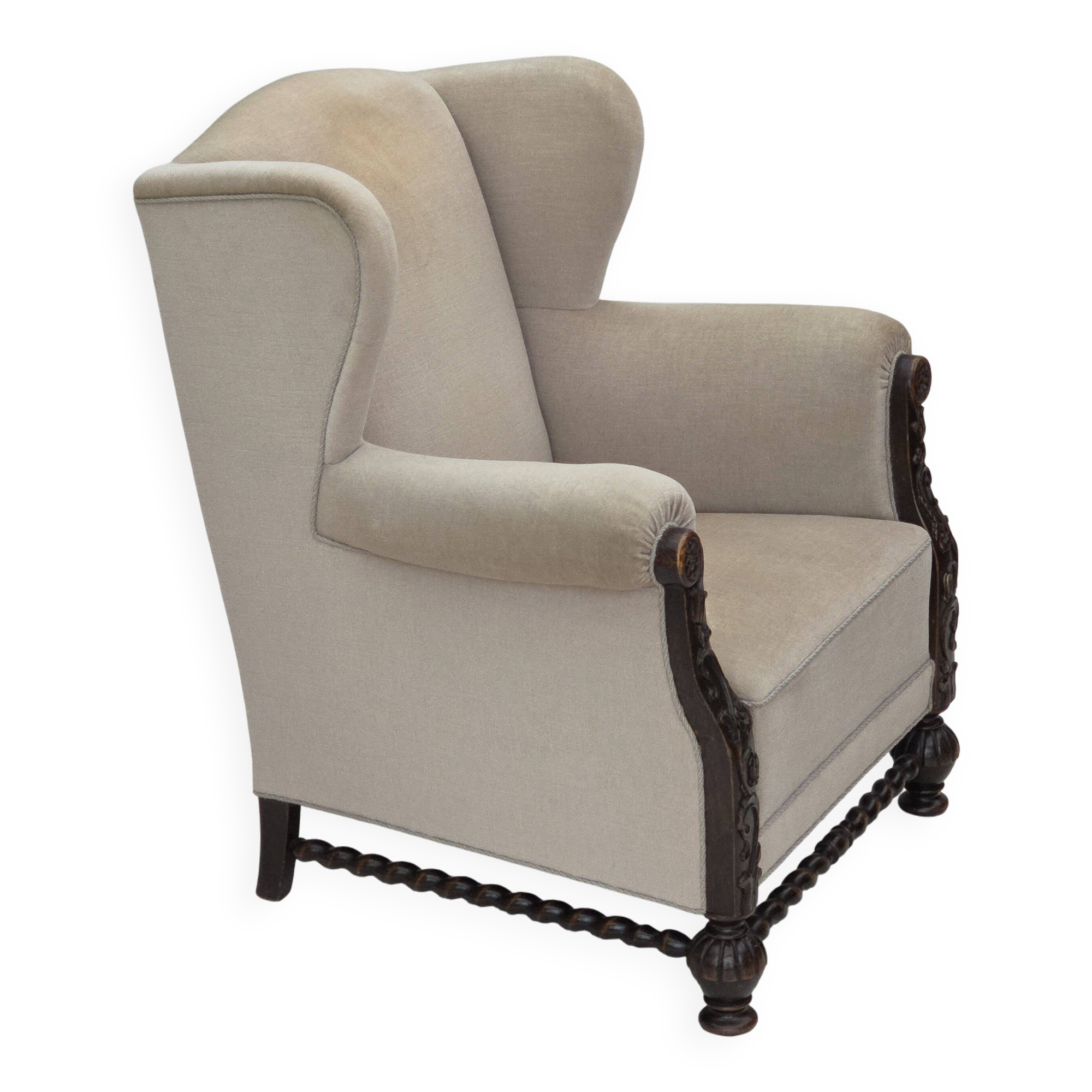 1960s, Danish wingback armchair, furniture velour, carved oak wood.