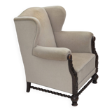 1960s, Danish wingback armchair, furniture velour, carved oak wood.